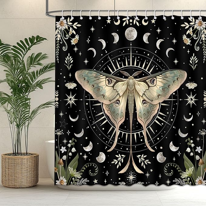 Mocsicka Gothic Witchy Moth Shower Curtain Moon Phase Mysterious Moth Floral Bathroom Shower Curtain Mystic Night Butterfly Waterproof Fabric Shower Curtains Bathtub Decor with 12 Hooks 72 X 72 Inches - sugar skull shower curtain set