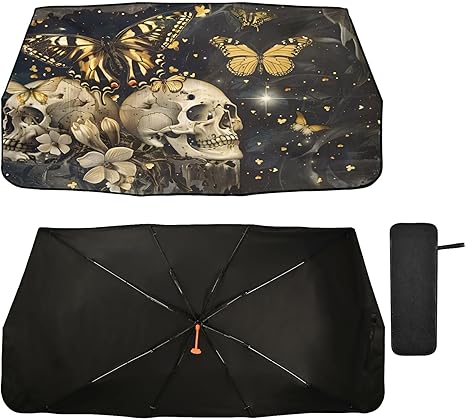 ALAZA Butterfly Sugar Skull Starry Car Windshield Sun Shade Foldable Reflector Umbrella Sunshade Cover Visor Protector for UV Ray Block & Sun Heat Protection Fit Most Vehicles - sugar skull car sunshade for windshield