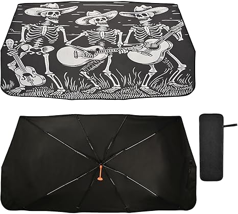ALAZA Black White Skeleton Sugar Skull Guitar Car Windshield Sun Shade Foldable Reflector Umbrella Sunshade Cover Visor Protector for UV Ray Block & Sun Heat Protection Fit Most Vehicles - sugar skull car sunshade for windshield