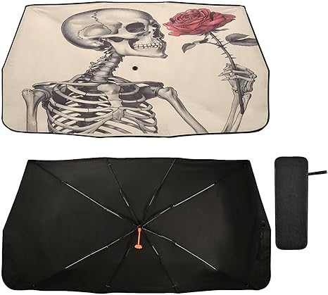 ALAZA Skeleton Rose Flower Sugar Skull Car Windshield Sun Shade Foldable Reflector Umbrella Sunshade Cover Visor Protector for UV Ray Block & Sun Heat Protection Fit Most Vehicles - sugar skull car sunshade for windshield