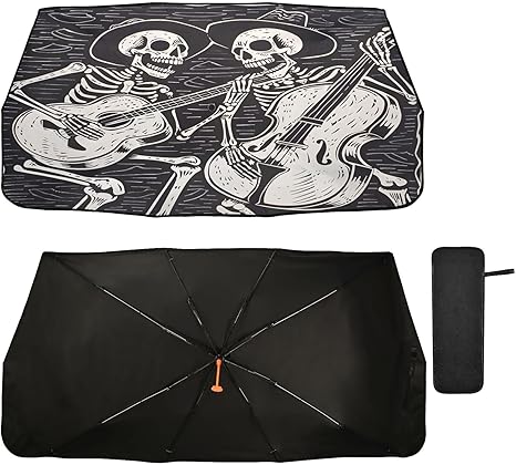ALAZA Black White Sugar Skull Skeleton Guitar Car Windshield Sun Shade Foldable Reflector Umbrella Sunshade Cover Visor Protector for UV Ray Block & Sun Heat Protection Fit Most Vehicles - sugar skull car sunshade for windshield