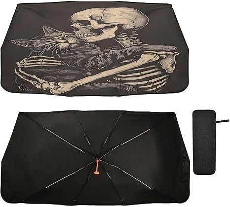 ALAZA Cat Kitten Sugar Skull Skeletal Black Car Windshield Sun Shade Foldable Reflector Umbrella Sunshade Cover Visor Protector for UV Ray Block & Sun Heat Protection Fit Most Vehicles - sugar skull car sunshade for windshield