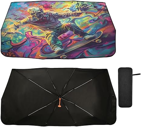 ALAZA Sugar Skull Playing Skateboard Car Windshield Sun Shade Foldable Reflector Umbrella Sunshade Cover Visor Protector for UV Ray Block & Sun Heat Protection Fit Most Vehicles - sugar skull car sunshade for windshield