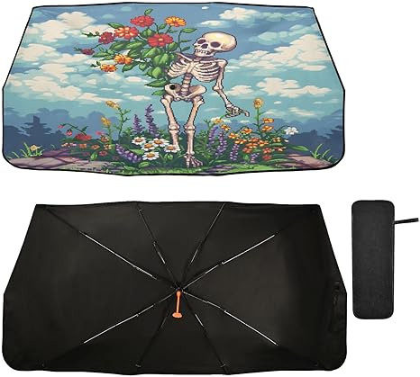 ALAZA Flower Skeleton Sugar Skull Car Windshield Sun Shade Foldable Reflector Umbrella Sunshade Cover Visor Protector for UV Ray Block & Sun Heat Protection Fit Most Vehicles - sugar skull car sunshade for windshield