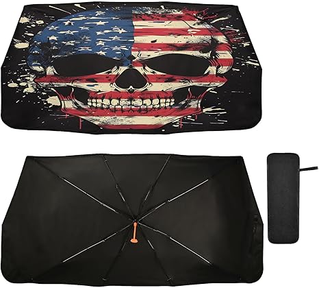 ALAZA American Flag Sugar Skull Black Car Windshield Sun Shade Foldable Reflector Umbrella Sunshade Cover Visor Protector for UV Ray Block & Sun Heat Protection Fit Most Vehicles - sugar skull car sunshade for windshield