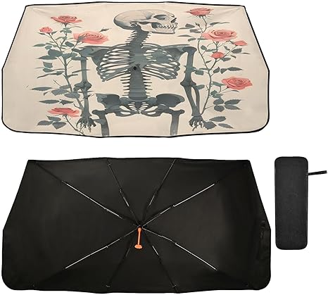 ALAZA Skeleton Sugar Skull Blossom Roses Car Windshield Sun Shade Foldable Reflector Umbrella Sunshade Cover Visor Protector for UV Ray Block & Sun Heat Protection Fit Most Vehicles - sugar skull car sunshade for windshield