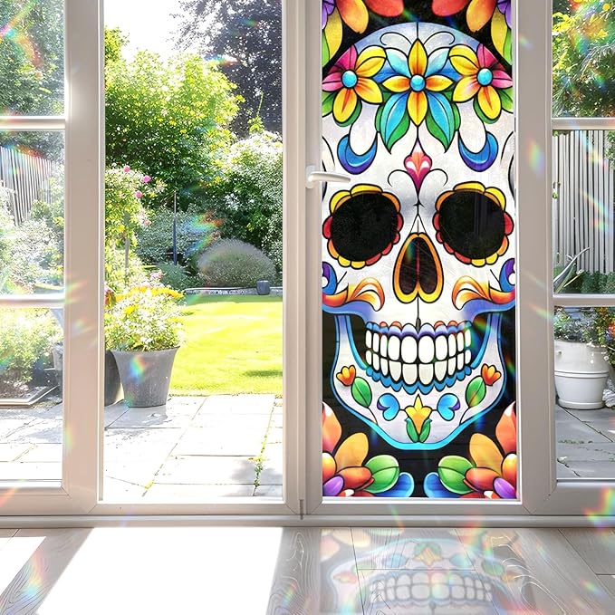 Decorative Rainbow Sugar Skull Stained Glass Window Film, Rainbow Sugar Skull Stained Glass Window Film for Bathroom Door Heat Anti UV - sugar skull wine glass