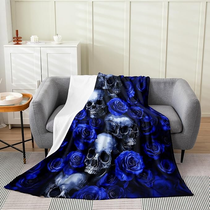 Erosebridal Sugar Skull Blanket 40x50, Blue Rose Microfiber Fleece Blanket for Kids Boys Girls, Nature Floral Decor Throw Blanket for Sofa Bed, Romantic Theme French Style All Seasons Fuzzy Blanket - sugar skull throw blanket