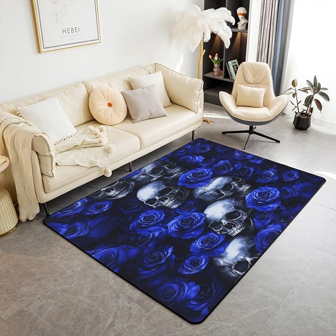 Erosebridal Sugar Skull Area Rug 6'6" x 4'11", Blue Rose Non Shedding Carpet for Kids Boys Girls, Nature Floral Decor Indoor Floor Mat for Living Room, Romantic Theme French Style Decorative Rug - sugar skull area rug