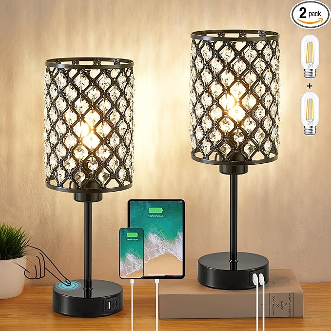 GyroVu Touch Control Table Lamp, Black Crystal Table Lamps Set of 2 with 2 USB Charging Ports, 3-Way Dimmable Bedside Nightstand Lamps for Living Room, Bedroom, Guest Room, Bulbs Included - sugar skull table lamp