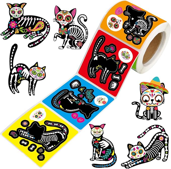 Ceiba Tree Day of Dead Sticker for Kids Sugar Skull Scene Stickers Rolled 200Pcs Make A Skull Skeleton Kitten Shaped Decals DIY Craft for Halloween Mexican Party Favor Classroom Activities Decoration - sugar skull vinyl sticker