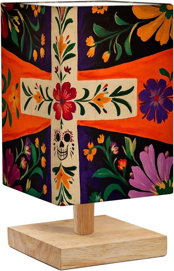Bedside Desk Lamps, Minimalist Floral Cross Mexican Hand Ofrenda Dead Day Sugar Skull Spanish Style Nightstand lamps, Small Table Lamp for Nursery Girls Kids Bedroom Classroom Living Room Dorm Decor - sugar skull table lamp