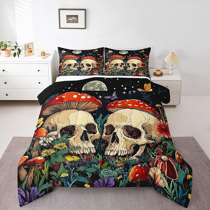 Erosebridal Sugar Skull Bedding Sets Full for Adults,Gothic Mushroom Comforter Set Galaxy Glitter Butterfly Down Comforter,Hippie Fungus Wildlife Bed Set for Kids Boys Girls Teens - sugar skull bedding set