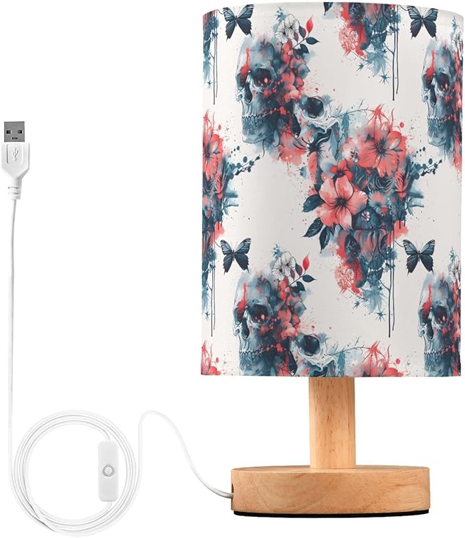 ALAZA Skeleton Sugar Skull Flower Watercolor Decor Bedside Table Lamp with USB Port for Bedroom Nightstand Office Desk LED Bulb Included - sugar skull table lamp