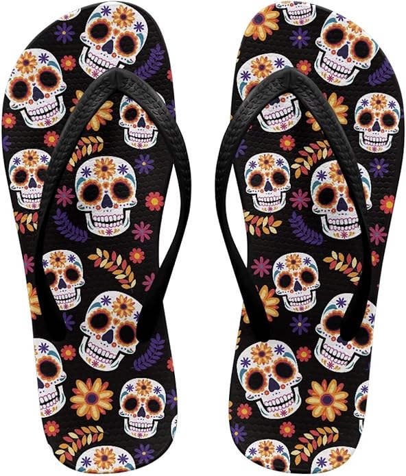 Binienty - sugar skull flip flops womens