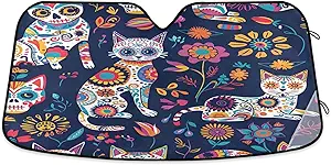 Car Windshield Sun Shade, Sugar Skull Cats Flowers Windshield Sunshades Sun Visor Protector Foldable Blocks UV Rays - sugar skull car sunshade for windshield