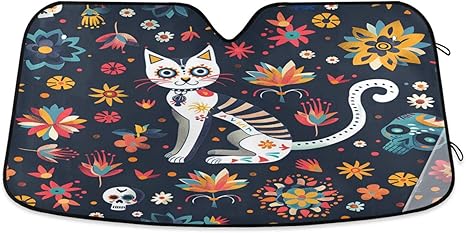 Car Windshield Sun Shade, Mexican Sugar Skull Cats Windshield Sunshades Sun Visor Protector Foldable Blocks UV Rays - sugar skull car sunshade for windshield