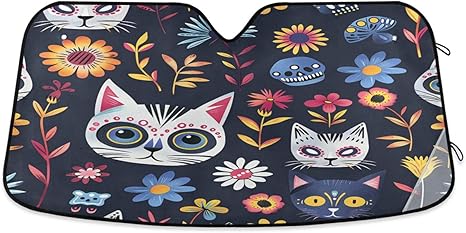 Car Windshield Sun Shade, Mexican Sugar Skull Cats Flowers Windshield Sunshades Sun Visor Protector Foldable Blocks UV Rays - sugar skull car sunshade for windshield