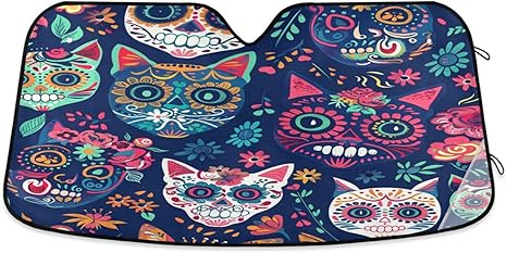 Car Windshield Sun Shade, Colorful Sugar Skull Cats Windshield Sunshades Sun Visor Protector Foldable Blocks UV Rays - sugar skull car sunshade for windshield