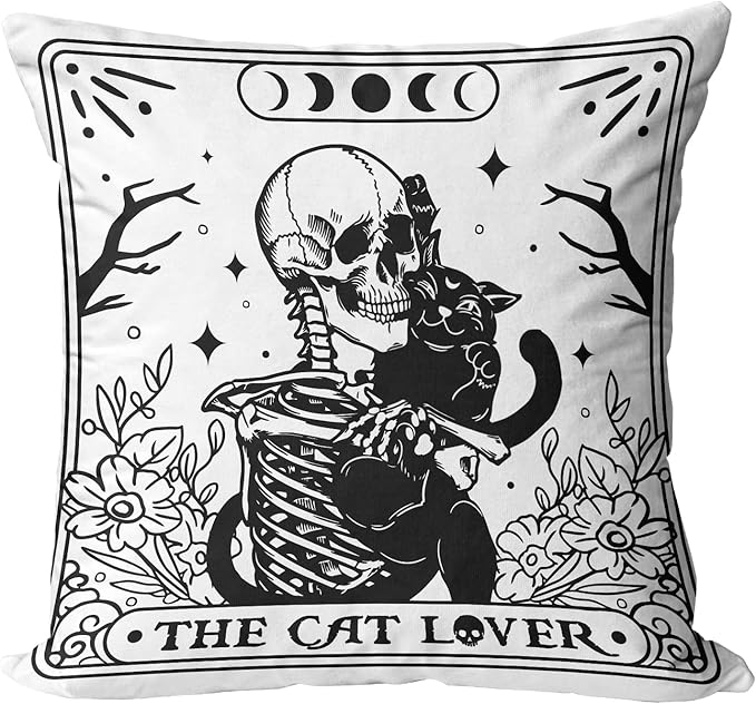 The Cat Lover Tarot Pillow Cover for Pet Lover, Gothic Skull Black Cat Decor Pillow Covers 18 X 18 Inch, Witchy Aesthetic Throw Pillow Case for Sofa Couch Bed College Dorm Decor, Gothic Room Decor - sugar skull throw pillow