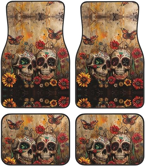 Universal Car Floor Mats â€“ Four-Piece Set, Rubber Backing, Sugar Skulls Butterfly Print Design for Most SUVs, Trucks, and Sedans - sugar skull floor mat