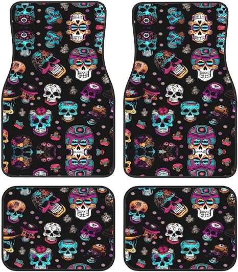 Universal Car Floor Mats â€“ Four-Piece Set, Rubber Backing, Sugar and Skulls Style Print Design for Most SUVs, Trucks, and Sedans - sugar skull area rug