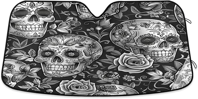 Car Windshield Sun Shade, Sugar Skulls Roses Grayscale Windshield Sunshades Sun Visor Protector Foldable Blocks UV Rays - sugar skull car sunshade for windshield