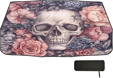 Kigai Sugar Skull Car Windshield Sunshade Umbrella Foldable Front Window Sun Shade Cover Car Sun Visor Heat Protector Blocks UV Rays Keeps Vehicle Cool, 58x29.7 inch - sugar skull car sunshade for windshield