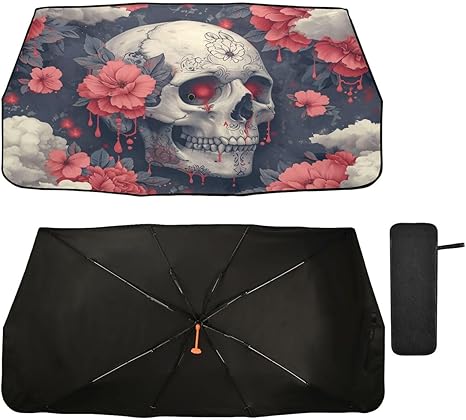 ALAZA Sugar Skull Flower Sylish Retro Car Umbrella Cover Foldable Windshield Shade for Car Car Front Window Blocks UV Rays - sugar skull car sunshade for windshield