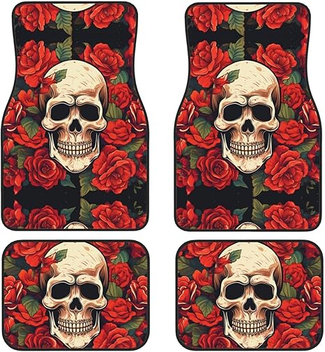 Car Mats Set of 4 Sugar Skull Rose Printed Floor Mats for Cars Car Mats All Weather for Most Cars Sedan SUV Truck Nibbed Backing Floor Mats Car Accessories - sugar skull car floor mats