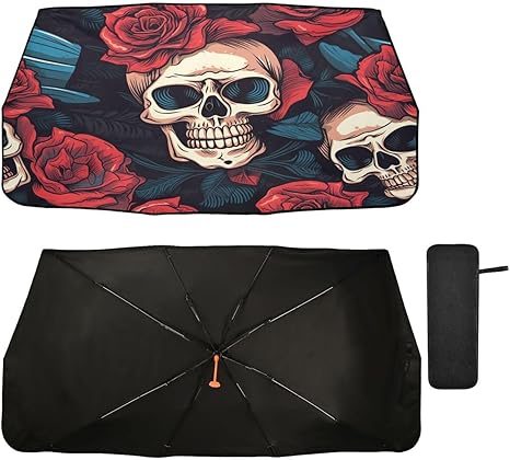 ALAZA Funny Sugar Skull Red Rose Flower Car Umbrella Cover Foldable Windshield Shade for Car Car Front Window Blocks UV Rays - sugar skull car sunshade for windshield