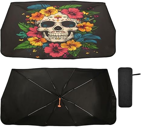 ALAZA Sugar Skull Flower Day of The Dead Car Umbrella Cover Foldable Windshield Shade for Car Car Front Window Blocks UV Rays - sugar skull car sunshade for windshield