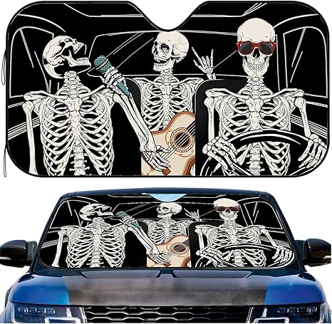 Funny Skull Car Windshield Sunshade for Big Cars, Skeleton Sun Visor Front Window Shield Cover UV Rays Protect Car Window Shades Foldable Windshield Sun Shade for SUV Truck Keep Vehicle Cool - sugar skull car sunshade for windshield