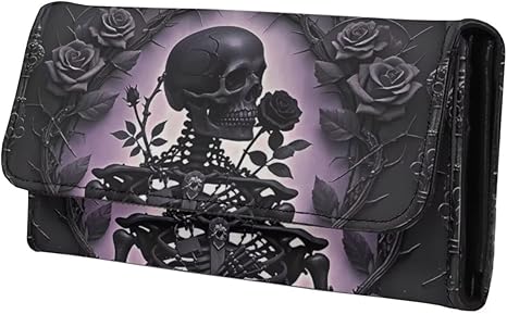 Skeleton Roses Long Wallet for Women Gothic Leather Trifold Slim Clutch Wallets with ID Window, Purple Black Billfold Purse Credit Card Holder - sugar skull wallets for women