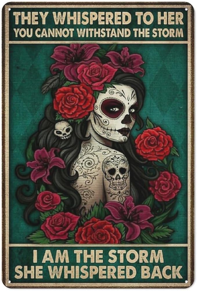 Metal Tin Retro Sign, She Lived Happily Ever After, Wicked Witch Halloween Art, Sugar Skull Metal Poster, Day of The Dead, Aluminum Sign for Home Wall Decor, 8x12 Inch - sugar skull poster print