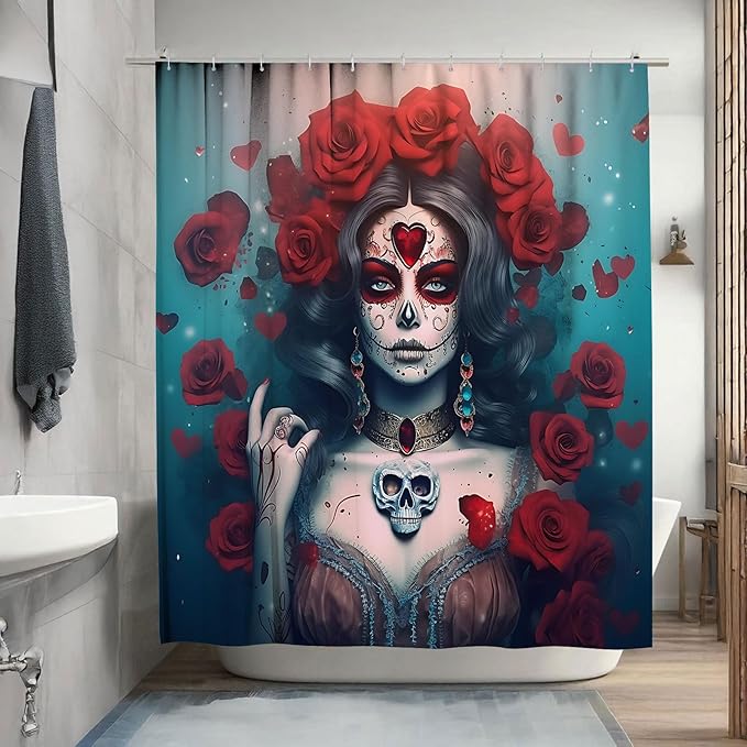 Sugar Skull Shower Curtain Set - Beautiful Mexican Girl and Red Roses Minimalist Modern Farmhouse Waterproof Bathroom Decor with 12 Hooks, 72x72 Inch - sugar skull shower curtain set