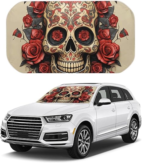 Car Windshield Sun Shade Umbrella Red Rose Sugar Skull Car Sun Shade for Windshield PG Fabric Sun Protection for Cars, SUVs, Trucks - Compact Design & Heat Resistant Auto Sunshade - sugar skull car sunshade for windshield