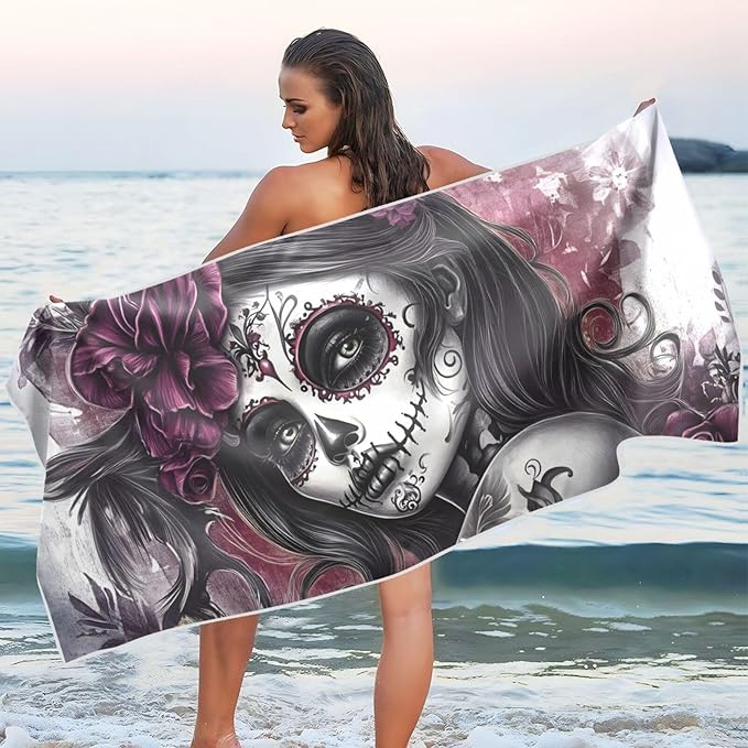 Microfiber Thin Lightweight Beach Towel Sugar Skull Face Purple Quick Dry Pool Towels 31” x 71” Sand Free Absorbent Camping Yoga Towel for Swimming, Picnic, Gym - sugar skull beach towel