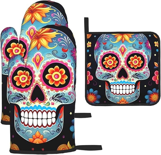Oven Mitts and Pot Holders Sets of 3 Heat Resistant Kitchen Gloves Sugar Skulls Oven Mitts BBQ Gloves Oven Gloves and Hot Pads Non-Slip Potholders for Kitchen Baking Cooking - sugar skull oven mitts
