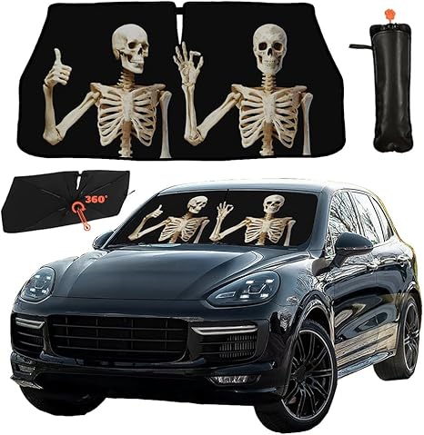 Skull Car Windshield Sun Shade Umbrella Foldable Front Windshield Cover Funny Visor Umbrella Sun Shade Cover Sun Shade Car Accessories Blocks UV Rays (57" X 30") - sugar skull car sunshade for windshield