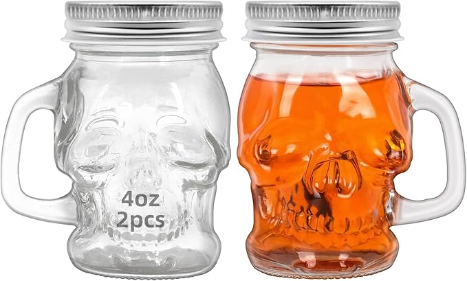 2 Pcs Skull 4 oz Mini Mason Jar Mugs Mason Jar Mugs with Handles and Lids Small Drinking Glass and DIY Favor Decor Wedding Bridal Shower Party Supplies for Drinks, Gifts, Candles and Crafts - sugar skull wine glass