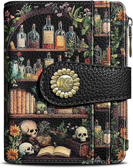 Bookshelves Skull Goth Gothic Small Rfid Women Wallet Bifold Zipper Coin Pocket PU Leather Compact Cash Credit Card Holder Travel Wallet Female Ladies Teen Girls 1 ID Window 10 Card Slots - sugar skull wallets for women