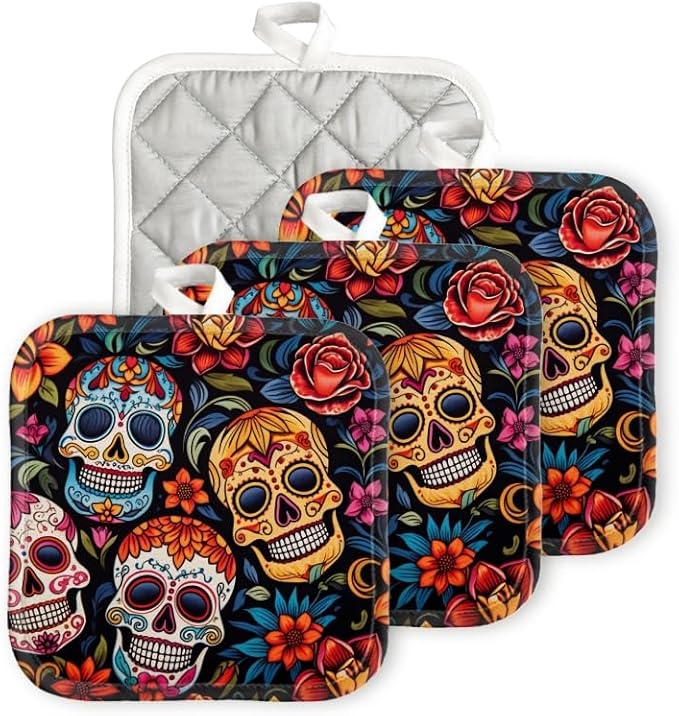 Pot Holder for Kitchen 4pcs,Day of The Dead Skull Pattern with Colorful Floral Designs Square Heat Resistant Hotpads Non Slip Dirt-Proof Kitchen Cook Oven Potholders Machine Washable,7x7in - sugar skull oven mitts