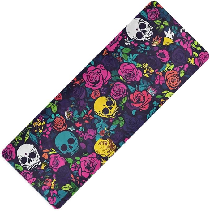 Colored Rose Skull printed hot yoga mat for gym, natural rubber non slip, with Yoga mat cover tapete para ejercicio 71x26 inches - sugar skull yoga mat