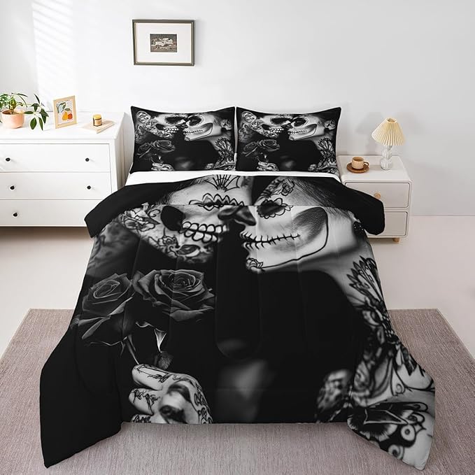 Erosebridal Sugar Skull Bedding Comforter Sets Exotic Skeleton Couple Bedding Set King Size for Kids Boys Girls,Gothic Skull Comforter Set Black White Goth Skeleton Bone Lover Quilt Duvet - sugar skull bedding set