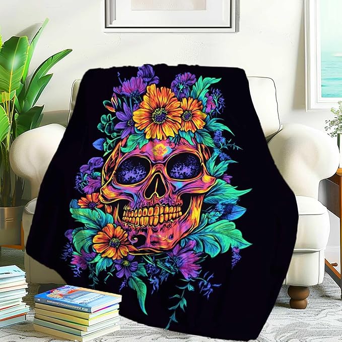 Neon Floral Skull Blanket, Colorful Sugar Skull with Flowers, Day of The Dead Themed Soft Cozy Throw for Women and Men, Halloween, Gothic Decor, Unique Gift, 80"x60" - sugar skull throw blanket