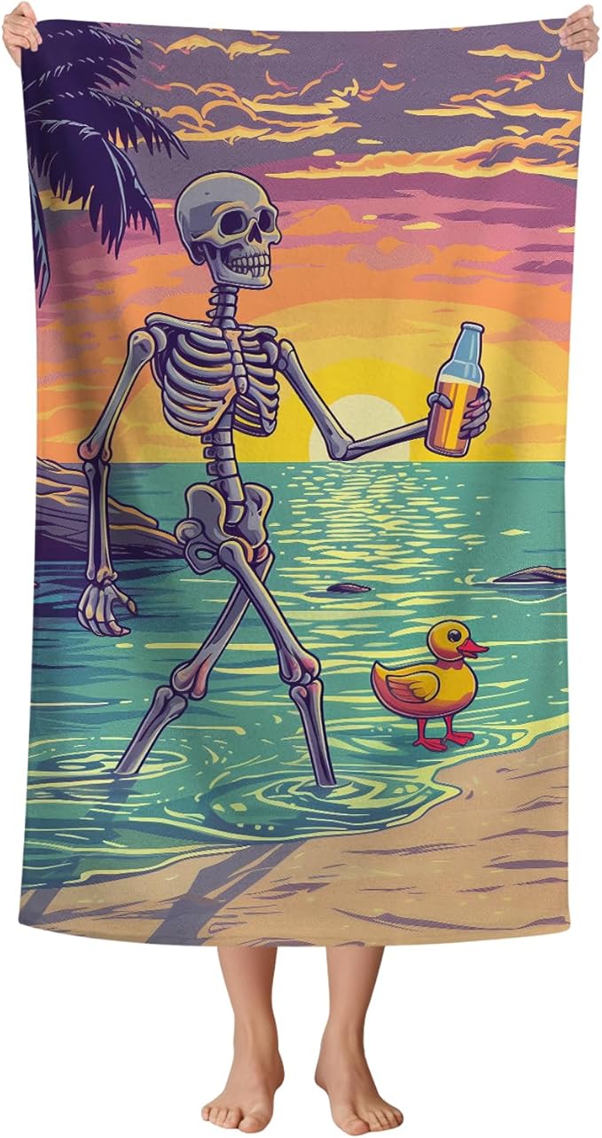 WZOMT Microfiber Skull Beach Towel Funny Skeleton and Yellow Duck Walk The Beach Bath Towel for Adults Kids, Soft Sandproof Quick Dry Towels for Travel Pool Swim Bathroom, Oversized 32"x52" - sugar skull beach towel