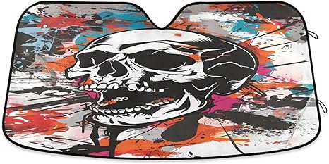 ALAZA Sugar Skull Watercolor Comic Front Car Windshield Sun Shade Accordion Folding Auto Sunshade for Car Truck SUV Blocks UV Rays Sun Visor Protector 57 x 32 inch - sugar skull car sunshade for windshield