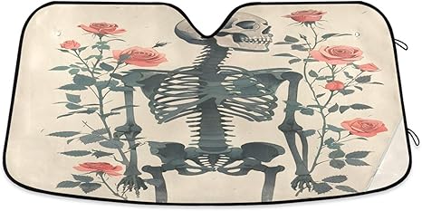 ALAZA Skeleton Sugar Skull Blossom Roses Front Car Windshield Sun Shade Accordion Folding Auto Sunshade for Car Truck SUV Blocks UV Rays Sun Visor Protector 53 x 24 inch - sugar skull car sunshade for windshield