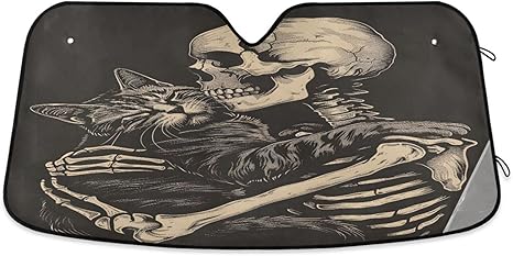 ALAZA Cat Kitten Sugar Skull Skeletal Black Front Car Windshield Sun Shade Accordion Folding Auto Sunshade for Car Truck SUV Blocks UV Rays Sun Visor Protector 57 x 32 inch - sugar skull car sunshade for windshield